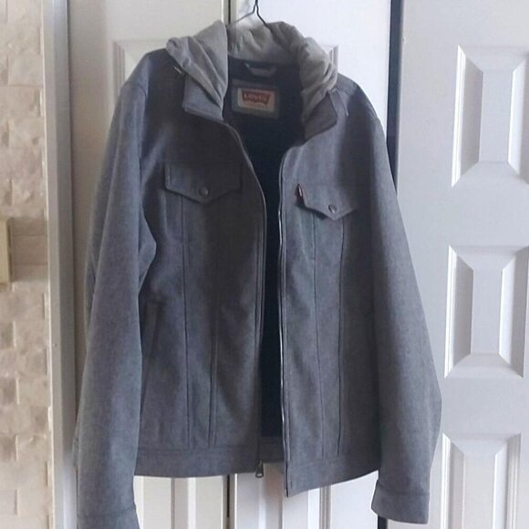 Levi's Hooded Trucker Jacket Streetwear Utility Zip Up Minimalist XL - Picture 1 of 10